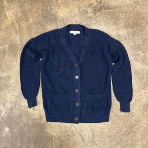 LOFT Navy Blue Ribbed Knit Button Front Cardigan Sweater